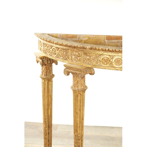 1524 - AN 18TH CENTURY ADAM STYLE GILT CARVED WOOD DEMI LUNE CONSOLE TABLE BASE with scrolled carved taperi... 