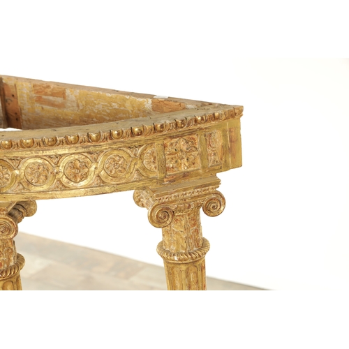 1524 - AN 18TH CENTURY ADAM STYLE GILT CARVED WOOD DEMI LUNE CONSOLE TABLE BASE with scrolled carved taperi... 