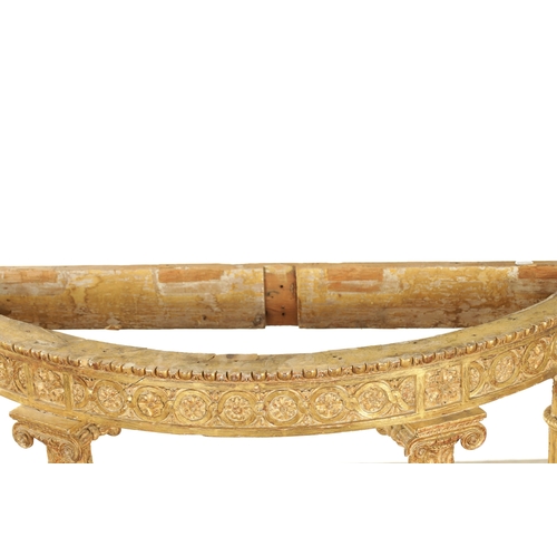 1524 - AN 18TH CENTURY ADAM STYLE GILT CARVED WOOD DEMI LUNE CONSOLE TABLE BASE with scrolled carved taperi... 