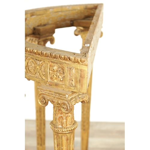 1524 - AN 18TH CENTURY ADAM STYLE GILT CARVED WOOD DEMI LUNE CONSOLE TABLE BASE with scrolled carved taperi... 