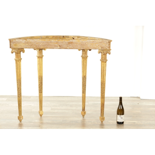 1524 - AN 18TH CENTURY ADAM STYLE GILT CARVED WOOD DEMI LUNE CONSOLE TABLE BASE with scrolled carved taperi... 