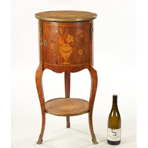 1526 - A 19TH CENTURY FRENCH WALNUT MARQUETRY CIRCULAR BEDSIDE CABINET with a hinged door and slender legs ... 