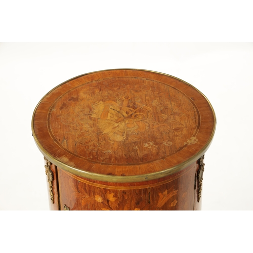 1526 - A 19TH CENTURY FRENCH WALNUT MARQUETRY CIRCULAR BEDSIDE CABINET with a hinged door and slender legs ... 