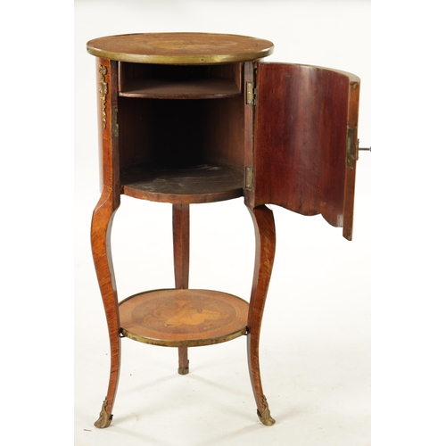 1526 - A 19TH CENTURY FRENCH WALNUT MARQUETRY CIRCULAR BEDSIDE CABINET with a hinged door and slender legs ... 