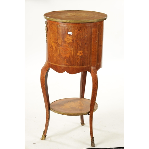 1526 - A 19TH CENTURY FRENCH WALNUT MARQUETRY CIRCULAR BEDSIDE CABINET with a hinged door and slender legs ... 