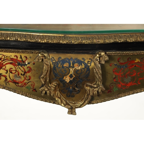 1527 - A 19TH CENTURY FRENCH TORTOISESHELL BOULLE SERPENTINE SHAPED TABLE with frieze drawer and caryatid m... 