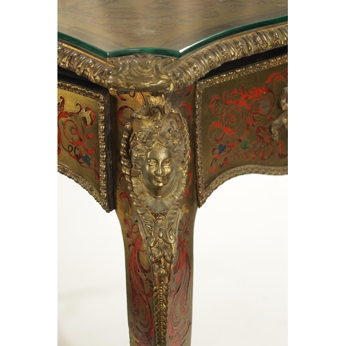 1527 - A 19TH CENTURY FRENCH TORTOISESHELL BOULLE SERPENTINE SHAPED TABLE with frieze drawer and caryatid m... 