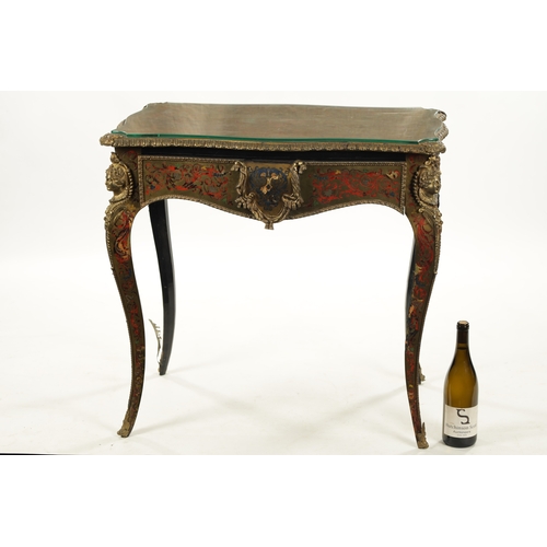 1527 - A 19TH CENTURY FRENCH TORTOISESHELL BOULLE SERPENTINE SHAPED TABLE with frieze drawer and caryatid m... 