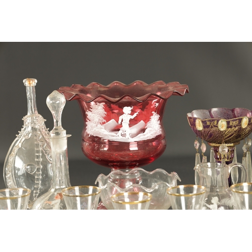 1 - A LARGE COLLECTION OF COLOURED 19TH CENTURY AND LATER GLASSWARE including decanters, cranberry a cen... 