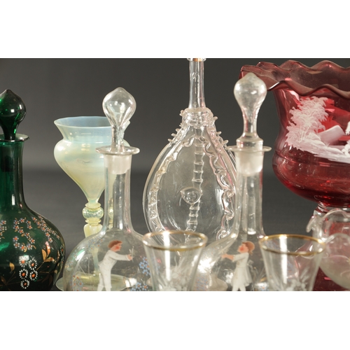 1 - A LARGE COLLECTION OF COLOURED 19TH CENTURY AND LATER GLASSWARE including decanters, cranberry a cen... 