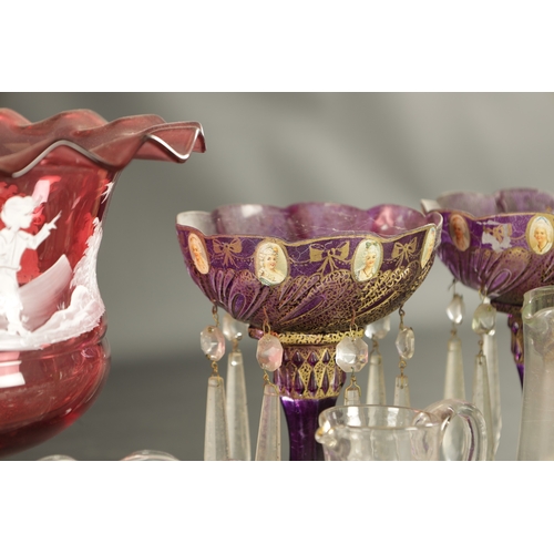 1 - A LARGE COLLECTION OF COLOURED 19TH CENTURY AND LATER GLASSWARE including decanters, cranberry a cen... 