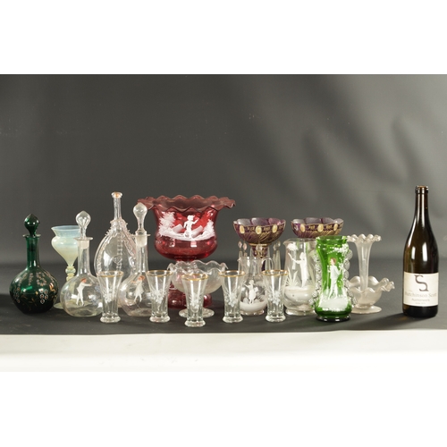 1 - A LARGE COLLECTION OF COLOURED 19TH CENTURY AND LATER GLASSWARE including decanters, cranberry a cen... 