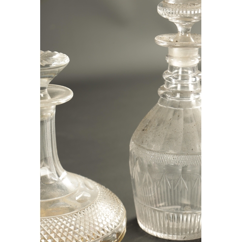 10 - A GOOD PAIR OF 19TH CENTURY GLASS HSIPS DECANTERS with faceted stems and diamond cut shoulders TOGET... 