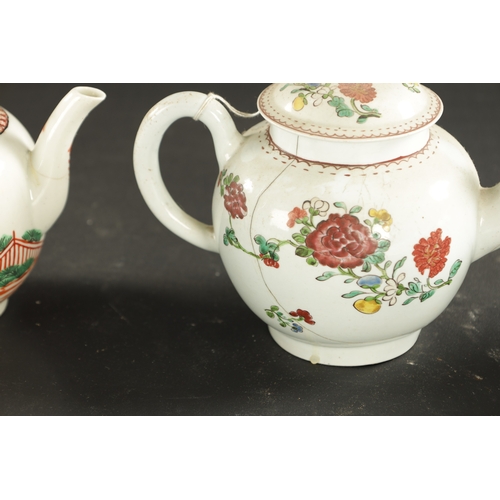 104 - THREE MID 18TH CENTURY WORCESTER TEAPOTS AND A CHAFFERS LIVERPOOL TEAPOT (15cm high and smaller)