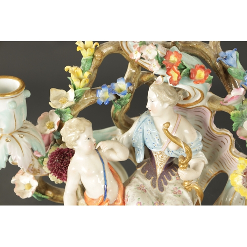 108 - A 19TH CENTURY MEISSEN THREE BRANCH FIGURAL CANDELABRA (30cm high)