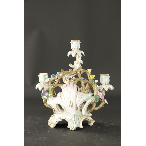 108 - A 19TH CENTURY MEISSEN THREE BRANCH FIGURAL CANDELABRA (30cm high)