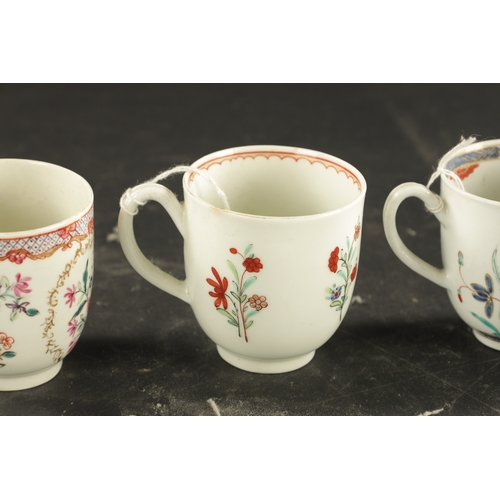 113 - A COLLECTION OF FOUR WORCESTER COFFEE CUPS CIRCA 1770 WITH ENAMELLED DECORATION (7cm high)