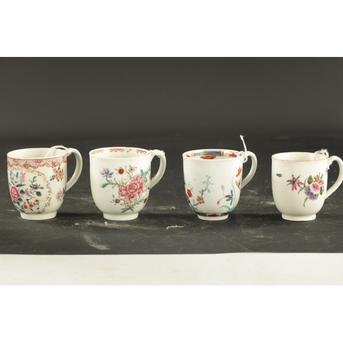 113 - A COLLECTION OF FOUR WORCESTER COFFEE CUPS CIRCA 1770 WITH ENAMELLED DECORATION (7cm high)