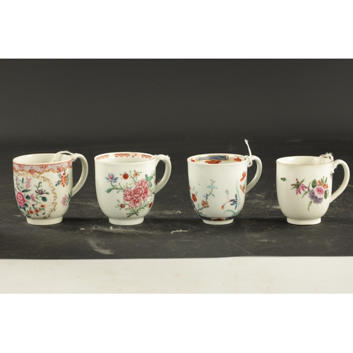 113 - A COLLECTION OF FOUR WORCESTER COFFEE CUPS CIRCA 1770 WITH ENAMELLED DECORATION (7cm high)