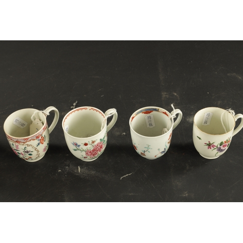 113 - A COLLECTION OF FOUR WORCESTER COFFEE CUPS CIRCA 1770 WITH ENAMELLED DECORATION (7cm high)