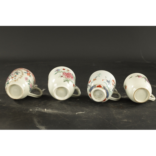 113 - A COLLECTION OF FOUR WORCESTER COFFEE CUPS CIRCA 1770 WITH ENAMELLED DECORATION (7cm high)