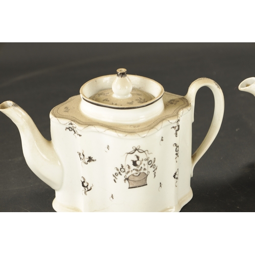 114 - A SET OF THREE EARLY 19TH CENTURY NEWHALL TEAPOTS one with stand decorated with Chinese figures. (16... 