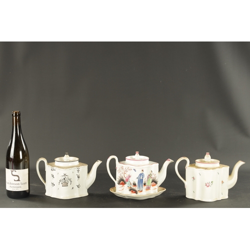 114 - A SET OF THREE EARLY 19TH CENTURY NEWHALL TEAPOTS one with stand decorated with Chinese figures. (16... 