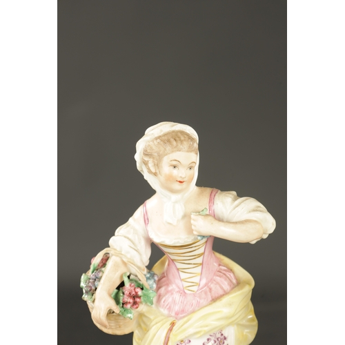 115 - A CHELSEA/DERBY PORCELAIN FIGURE OF A FRUIT SELLER CIRCA 1770, along with A DERBY PORCELAIN CANDLEST... 