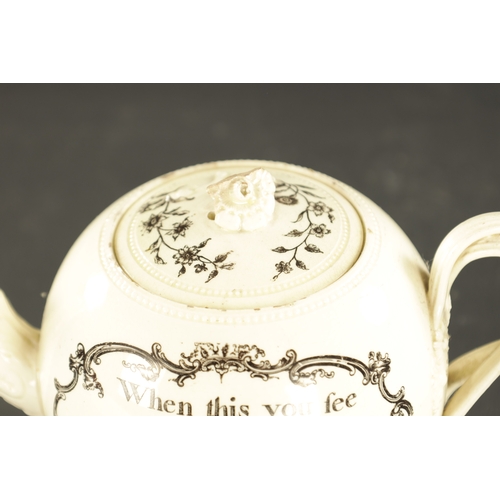 118 - A LATE 18TH CENTURY LEEDS CREAMWARE TEAPOT transfer printed with sailor's departure (13cm high)