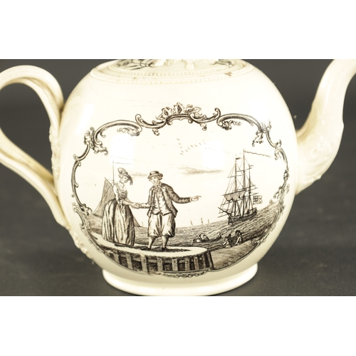 118 - A LATE 18TH CENTURY LEEDS CREAMWARE TEAPOT transfer printed with sailor's departure (13cm high)