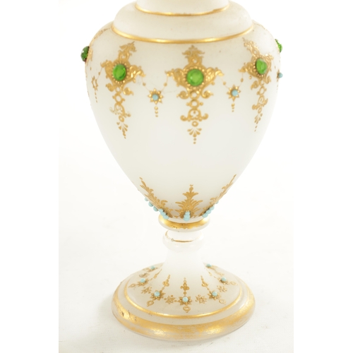 12 - A PAIR OF 19TH CENTURY FRENCH JEWELLED OPAQUE GLASS PEDESTAL VASES the shouldered bodies and flared ... 