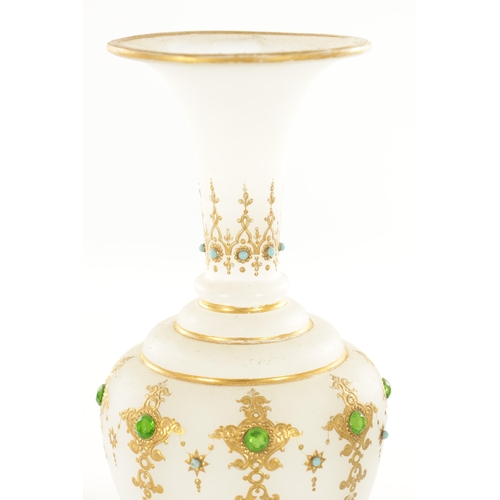 12 - A PAIR OF 19TH CENTURY FRENCH JEWELLED OPAQUE GLASS PEDESTAL VASES the shouldered bodies and flared ... 