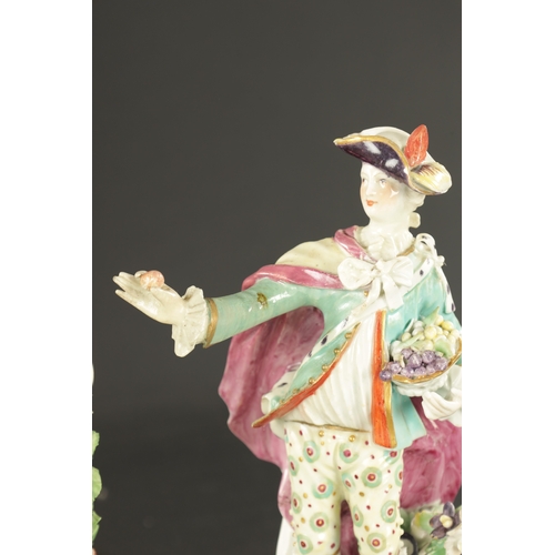 131 - A PAIR OF MID 18TH CENTURY DERBY PORCELAIN FIGURES of a man and woman (26cm high and smaller)