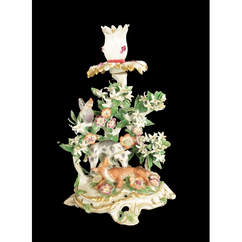 132 - A MID 18TH CENTURY CHELSEA PORCELAIN AESOPS FABLES CHAMBERSTICK with original sconce (22cm high)