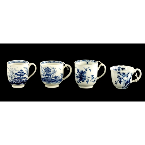 135 - A WORCESTER HOLLOW ROCK LILY PATTERN FLUTED CUP CIRCA 1760, TOGETHER WITH THREE SIMILAR COFFEE CUPS ... 