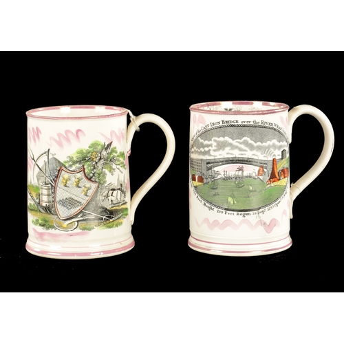 137 - AN EARLY 19TH CENTURY SUNDERLAND LUSTRE FROG MUG WITH FARMER'S ARMS together with another decorated ... 