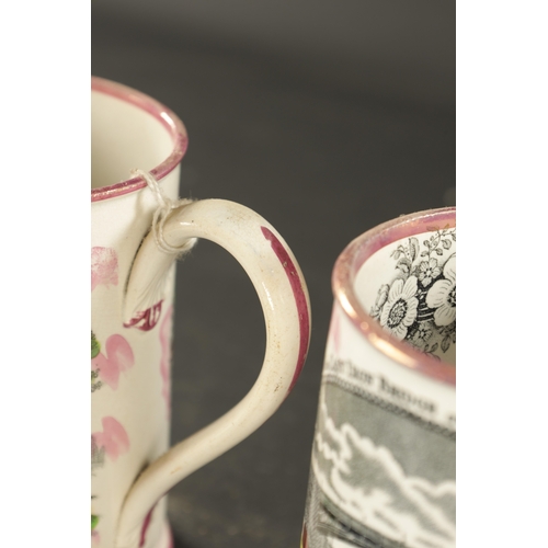 137 - AN EARLY 19TH CENTURY SUNDERLAND LUSTRE FROG MUG WITH FARMER'S ARMS together with another decorated ... 