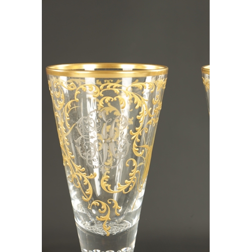 14 - A GIANT PAIR OF LATE 19TH CENTURY FRENCH FLARED GOBLETS with faceted stems and rich gilt decoration ... 