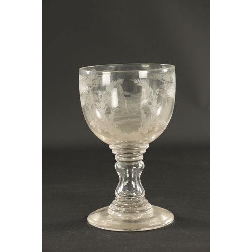 15 - A LATE GEORGIAN GLASS GOBLET with engraved Horse jumping and landscape scene to the bowl (22.5cm hig... 