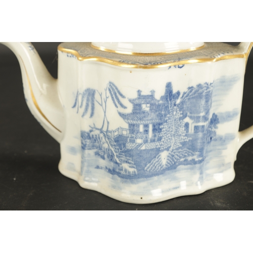 152 - TWO NEW HALL TEAPOTS PRINTED WILLOW PATTERN CIRCA 1810, along with another teapot. (14.5cm high and ... 