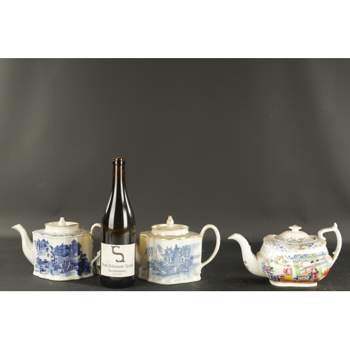 152 - TWO NEW HALL TEAPOTS PRINTED WILLOW PATTERN CIRCA 1810, along with another teapot. (14.5cm high and ... 