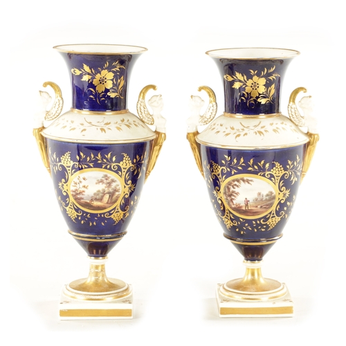 159 - A PAIR OF MID 19TH CENTURY ENGLISH PORCELAIN EMPIRE STYLE VASES painted with interior scenes (31cm h... 