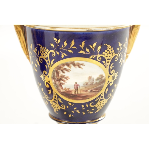 159 - A PAIR OF MID 19TH CENTURY ENGLISH PORCELAIN EMPIRE STYLE VASES painted with interior scenes (31cm h... 