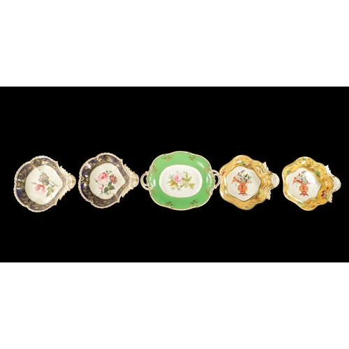 160 - TWO PAIRS OF EARLY 19TH CENTURY COALPORT SHELL SHAPED DISHES one pair decorated with birds and fruit... 