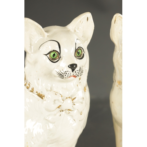 162 - A PAIR OF LATE 19TH CENTURY SCOTTISH POTTERY CATS with glass eyes and gilt collars. (31cm high )