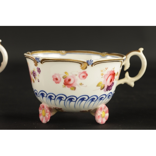 165 - A RARE RIDGEWAY CUP AND SAUCER ON PETAL FEET CIRCA 1830, TOGETHER WITH A SINGLE CUP (7.5cm high)