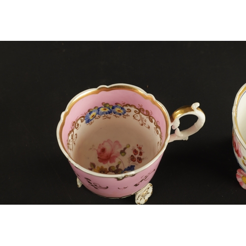 165 - A RARE RIDGEWAY CUP AND SAUCER ON PETAL FEET CIRCA 1830, TOGETHER WITH A SINGLE CUP (7.5cm high)