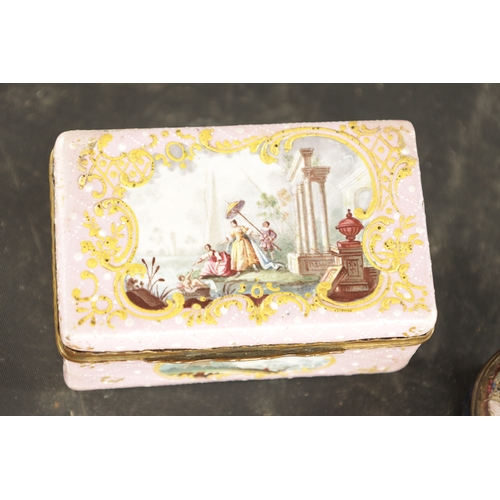 169 - A MID 18TH CENTURY STAFFORDSHIRE ENAMEL BOX painted with figures in classical landscapes TOGETHER WI... 