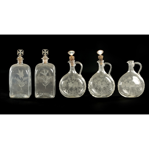 17 - A PAIR OF GEORGIAN RECTANGULAR SPIRIT DECANTERS with engraved labels and flower sprays, and a set of... 