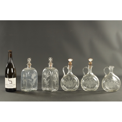 17 - A PAIR OF GEORGIAN RECTANGULAR SPIRIT DECANTERS with engraved labels and flower sprays, and a set of... 